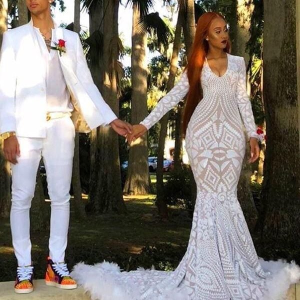 Fashion V-neck Long Sleeves Sequins Feather Mermaid Floor Length Long Prom Gown