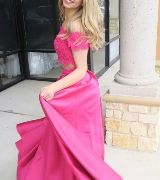 Fuchsia Off Shoulder Prom Dress with Lace Two Piece Long Satin Formal Dresses
