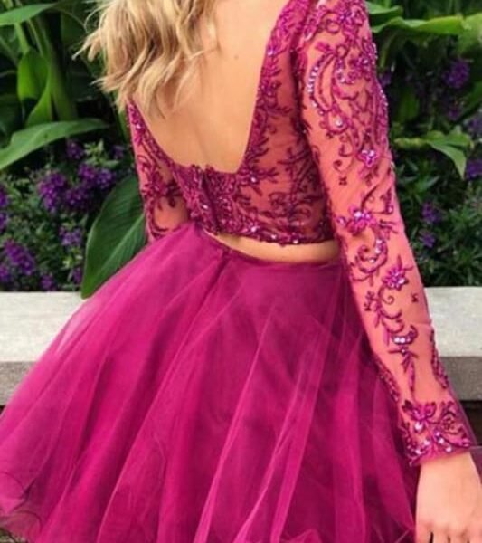 Fuchsia Two Piece Long Sleeves Tulle Homecoming with Beading Short Prom Dress