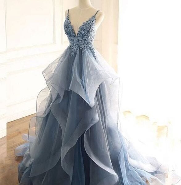 Gorgeous Spaghetti Straps Navy Prom Dress V Neck Ruffles Party Dress