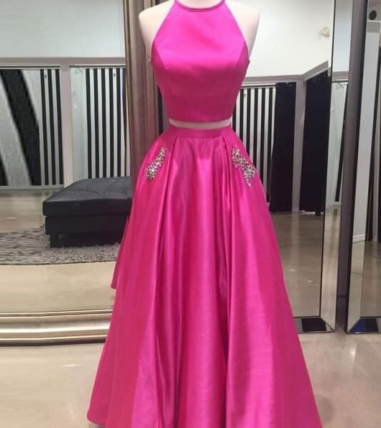 Hot Pink Halter Two Pieces Prom Dress with Pockets Floor Length Formal Dresses