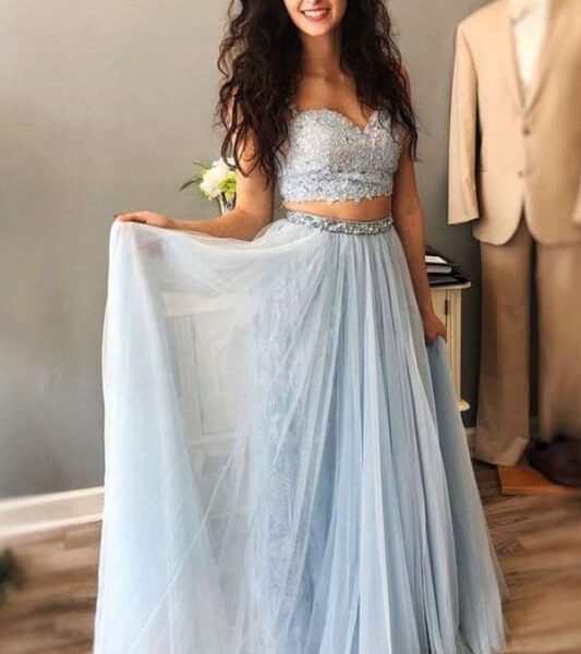 Light Blue Straps Mismatched Lace Tulle Prom Dresses Floor Length Evening Dress with Beads