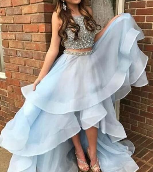 Light Blue Two Piece Beading High Low Prom Dresses Sparkly Sleeveless Evening Dress