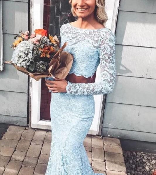 Light Sky Blue Sleeves Mermaid Two Piece Prom Dresses Long Lace Evening Dress