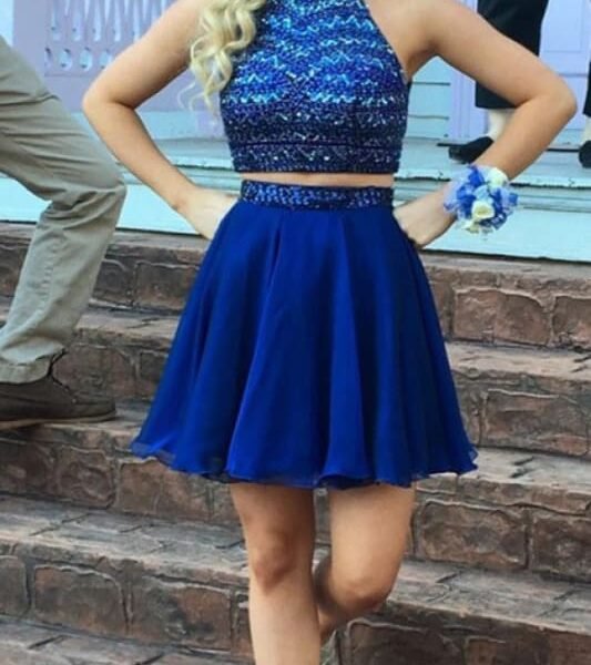 Luxurious Beading Two Piece Open Back Royal Blue Chiffon Short Homecoming Dress