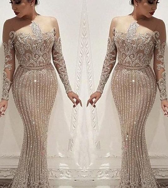 Luxury Beading Crystal Prom Dresses Long Illusion Long Sleeve Mermaid Formal Party Dresses