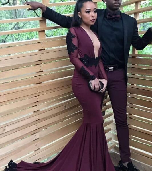 Mermaid Dresses Long Sleeves Lace AppliquesDeep V Neck Prom DresseS