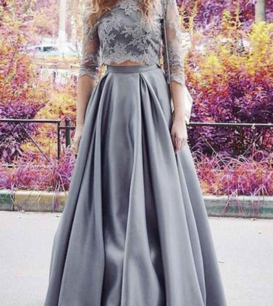 Modest Half Sleeves Two Lace Crop 2 Pieces Sexy Prom Dress