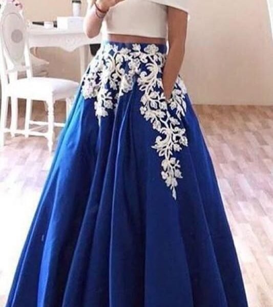New Off the Shoulder Two Piece Prom Dress Floor Length Blue Formal Dresses