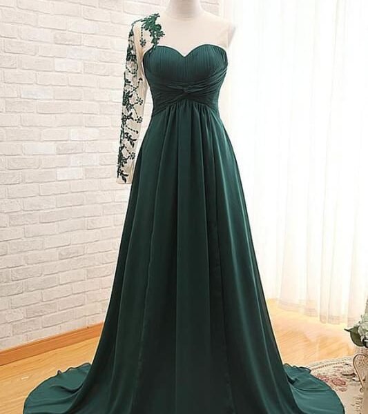 One Shoulder Long Sleeve A Line Dagreen Prom Dress