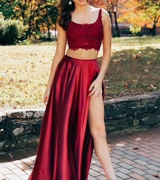 Open Back Lace Satin Two Piece High Split Prom Dress