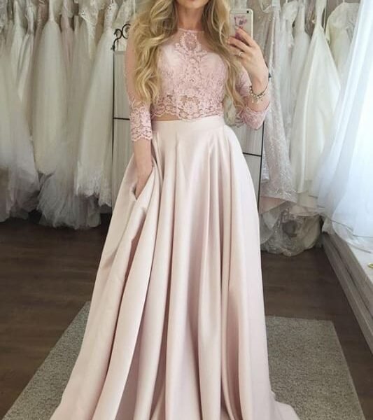 Pearl Pink Two Piece Prom Lace 3/4 Sleeves Long Formal Dress with Pockets