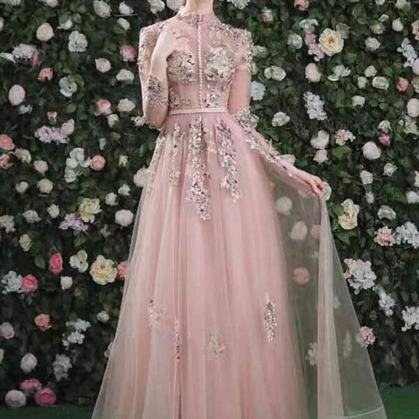 Prom Dress Pink High Collar Soft Tulle Lace A-Line Long Sleeves Lace-Up Beaded Party Dresses