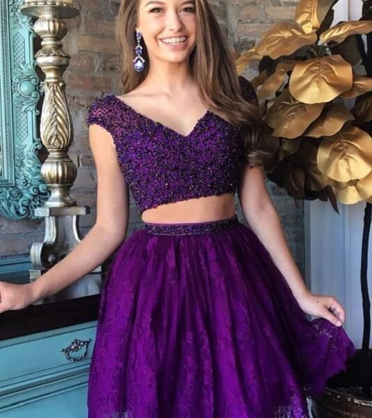 Purple Beaded Bodice Cap Sleeves Dresses Two Piece Lace Homecoming Dress