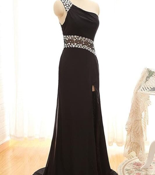 R10 One Shoulder Sheer Back Beading Black Split Prom Dress