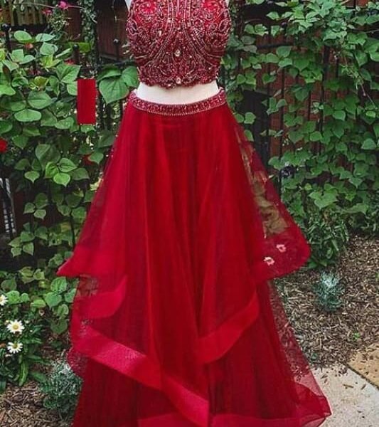 Red Two Piece Prom Dresses with Beading Charming Long Homecoming Dress