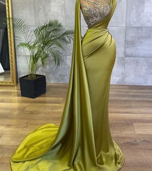 Satin Sage Mermaid Evening Gown with Side Cape