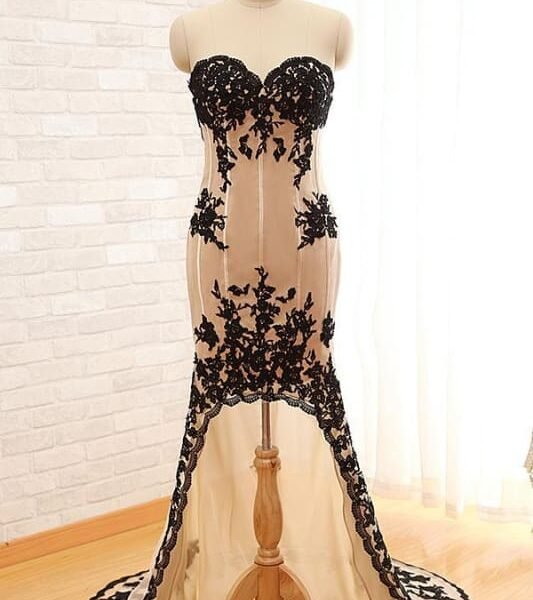 Sexy High Low Black Lace Champagne Prom Dress