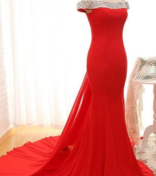 Sexy Off The Shoulder Red Prom Dress.Mermaid Red Evening Dress