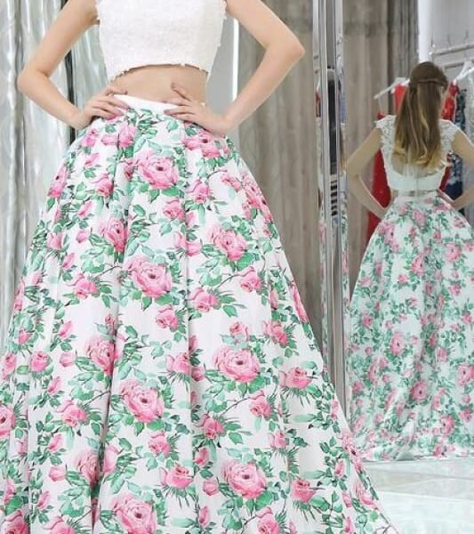 Sexy Princess Two Piece Cap Sleeves White Lace Floral Long Prom Dresses