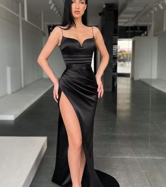 Sexy Spaghetti straps High split Prom Dress Black Sweetheart Party Dress