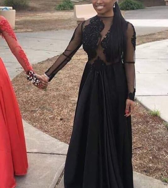 Sheer Black Long Sleeve Lace Evening Long Prom Dresses