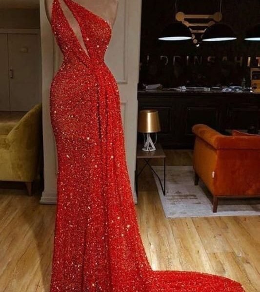 Shinny One Shoulder Red Sequins Sexy Long Prom Dresses