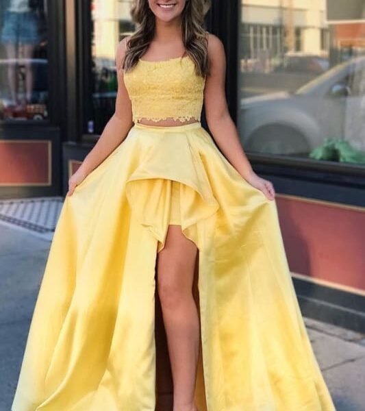 Sleeveless Yellow Prom Two Piece Long Formal Dresses