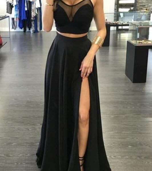 Spaghetti Straps Dresses Black Prom Dress Two Pieces Floor Length Party Gown