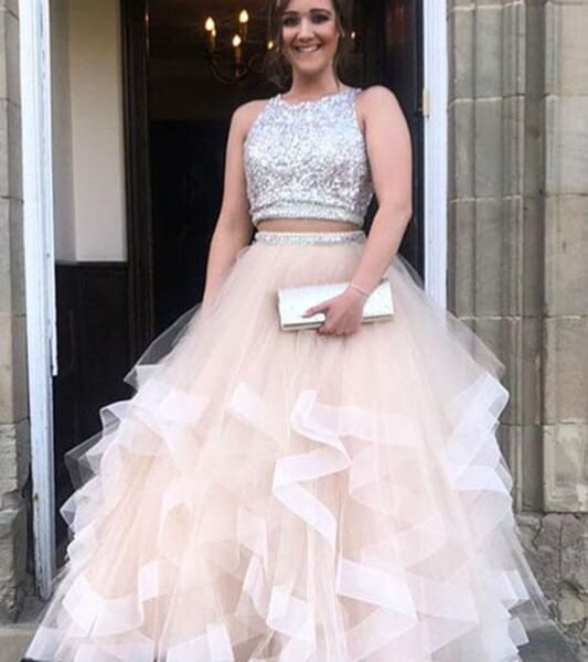 Sparkly Two Piece Long Prom Dress with Open Back Sequined Tulle Party Dresses