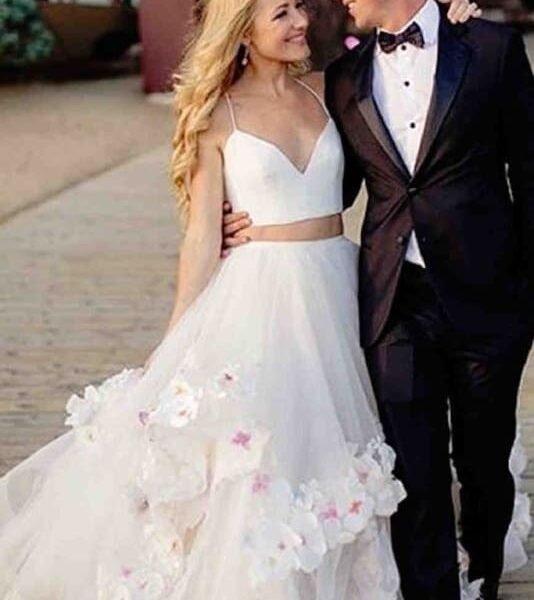 Stylish A-Line Two Piece Spaghetti Tulle Long Prom/Wedding dress with Flowers