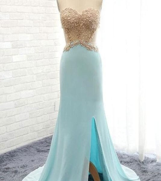 Sweetheabackless Light Blue Lace Prom Dress With Pearls