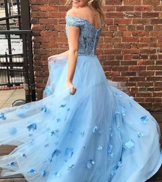 Two Off the Shoulder Tulle Prom with Lace A Line 2 Piece Long Formal Dress