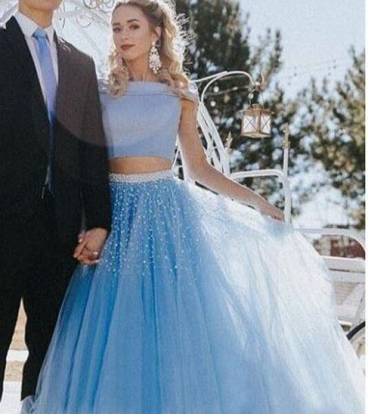 Two Piece A-line Off the Shoulder Open Back Light Blue Long Prom Dress with Beads