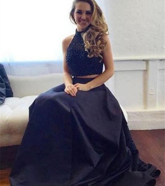 Two piece Black Satin Prom Dresses A-line Sleeveless Long Evening Dress