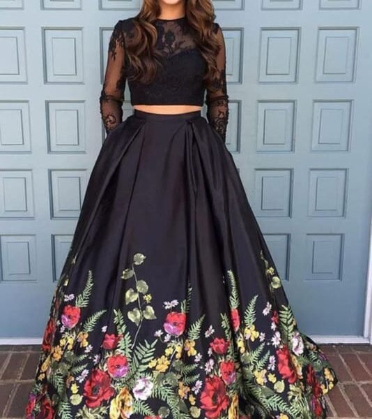 Two Piece Black Sleeve Formal Appliques Long Prom Dress