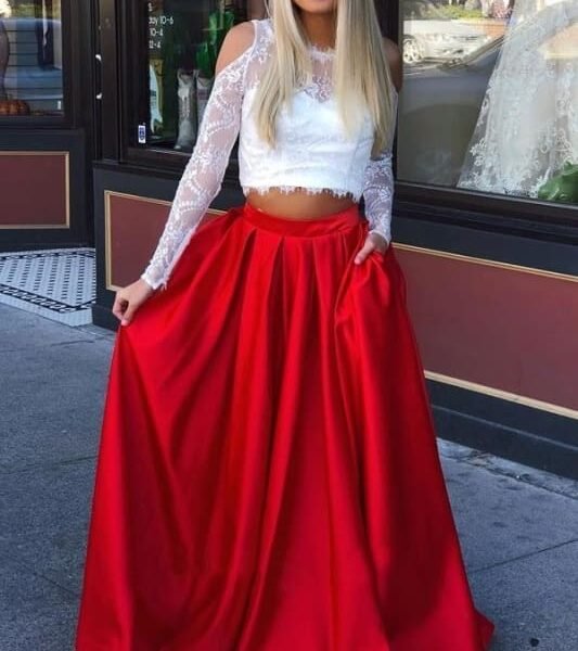 Two Piece Cold Shoulder with Lace Long Sleeve Red Satin Party Dresses