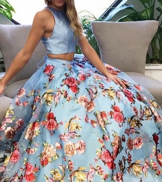 Two Piece Crew Open Back Sweep Train Light Blue Sleeveless Lace Prom Dress
