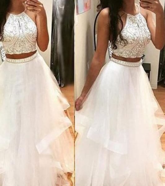 Two Piece Floor Length Dresses with Beading Cheap Prom Dress for Teens
