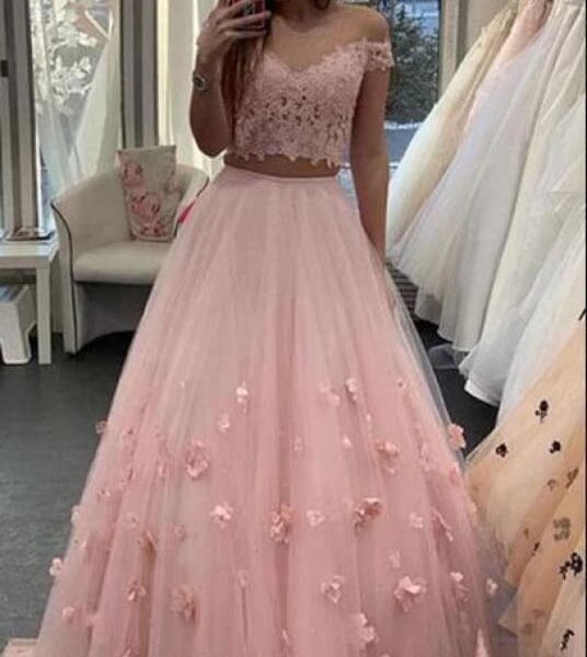 Two Piece Floor Length Tulle Prom Lace Long Off the Shoulder Dress with Flower