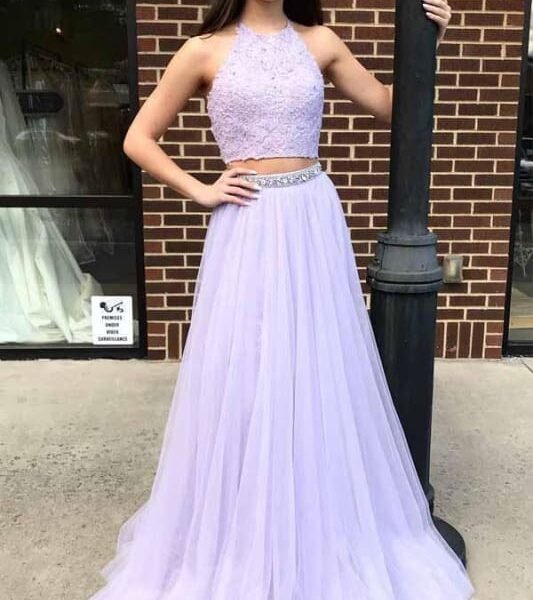 Two Piece Halter Lavender Prom With Beading Floor Length Tulle Evening Dress