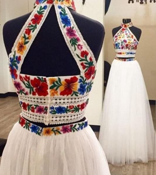 Two Piece High Neck Long Prom with Appliques Unique Sleeveless Party Dress