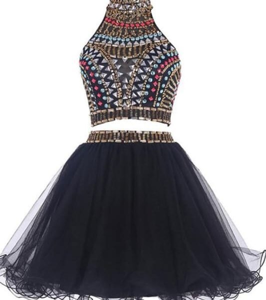 Two-piece High Neck Navy Blue Organza Homecoming/Prom Dresses