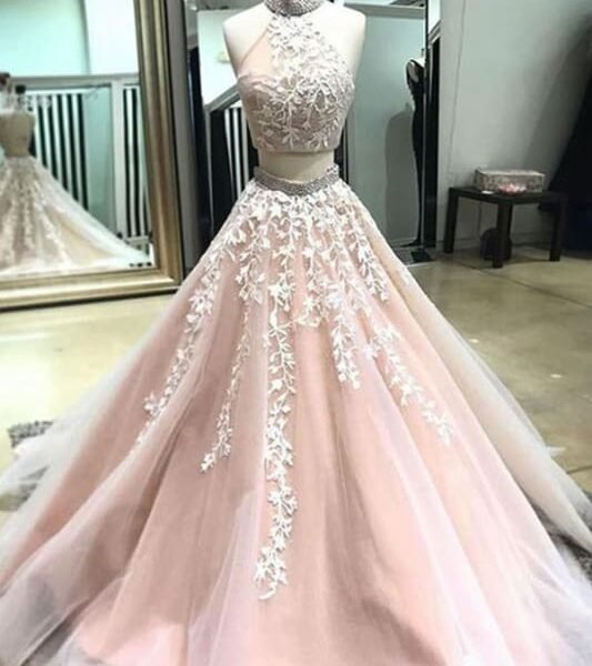 Two Piece High Neck Open Back Appliques Prom with Beads Long Formal Dress