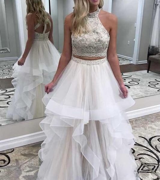 Two Piece High Neck Prom with Beading Charming Floor Length Party Dress