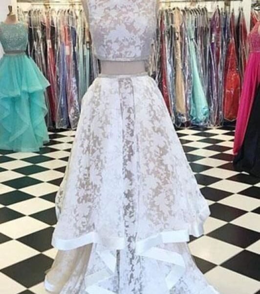 Two Piece Jewel Sleeveless White Lace Long Dress Cheap New Prom Gown