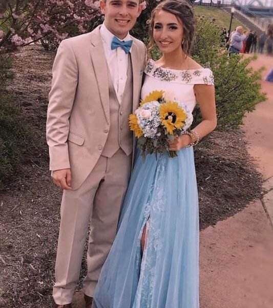 Two Piece Light Sky Blue Off Shoulder Split Lace Tulle Prom Dress with Beading