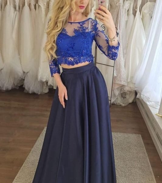 Two Piece Navy Blue Lace with Sleeves Cheap Prom Dress