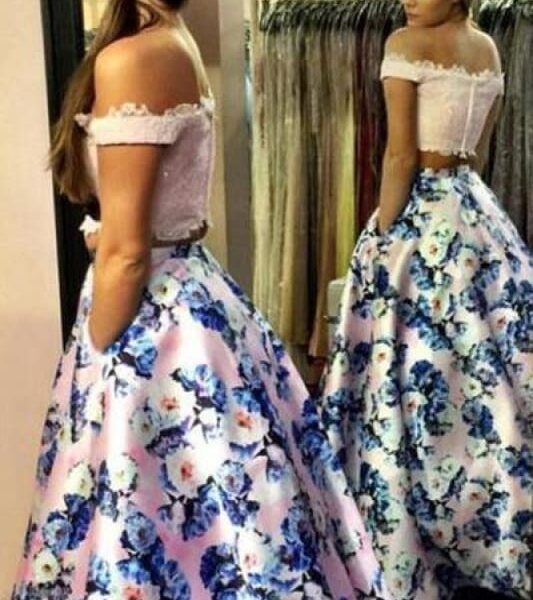 Two Piece Off the Shoulder Pink Floral Long Prom Gown A-line Formal Dresses with Lace