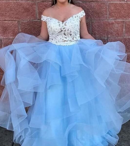 Two Piece Off-the-Shoulder Tiered Blue Tulle Long Prom Dress with Lace
